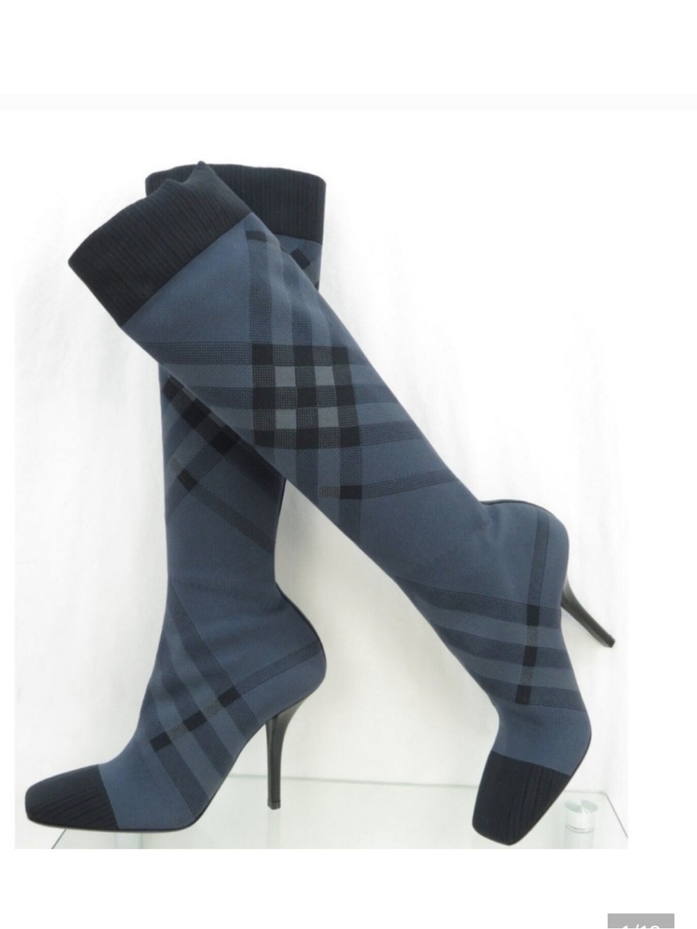 Burberry Navy and Black Plaid Knee-High Sock Boots
